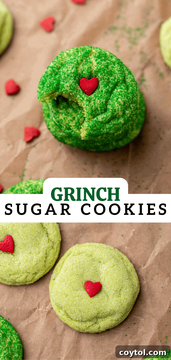Another Grinch sugar cookie image for Pinterest, emphasizing the vibrant green and cute heart.