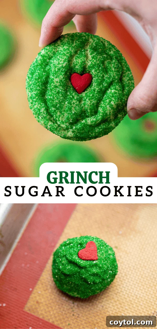 A Grinch sugar cookie close-up, designed for an engaging Pinterest graphic to encourage pinning.