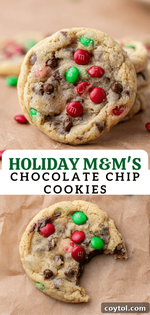 Sparkling Christmas M&Ms Chocolate Chip Cookies 13 Christmas M&M's chocolate chip cookies displayed on a festive background, perfect for Pinterest