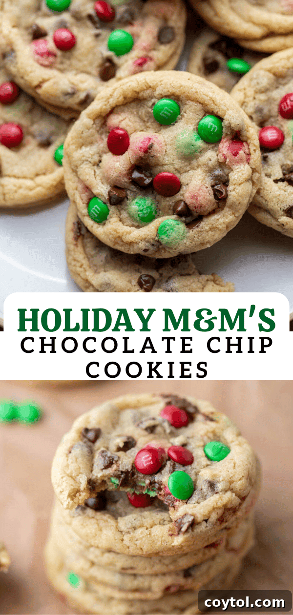 Sparkling Christmas M&Ms Chocolate Chip Cookies 14 Vertical shot of Christmas M&M's chocolate chip cookies for social media sharing