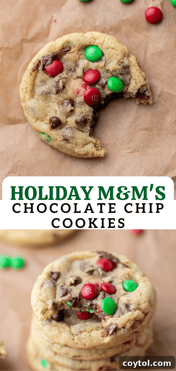 Sparkling Christmas M&Ms Chocolate Chip Cookies 15 Another vertical image of festive Christmas M&M cookies, ideal for pinning