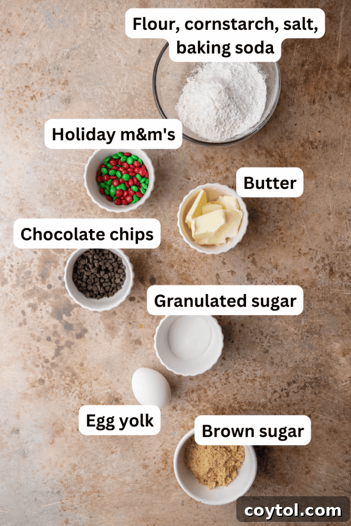 Sparkling Christmas M&Ms Chocolate Chip Cookies 3 Fresh ingredients laid out on a kitchen counter, ready for baking Christmas M&M cookies