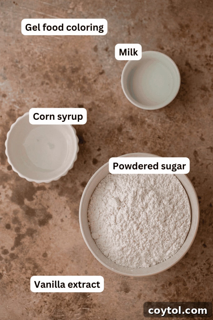 Bowls of powdered sugar, corn syrup, milk, vanilla extract, and gel food coloring on a countertop.