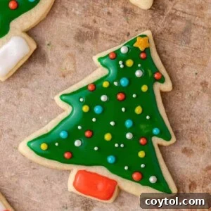 Decorated Christmas tree sugar cookie made with glossy green icing and colorful sprinkles.