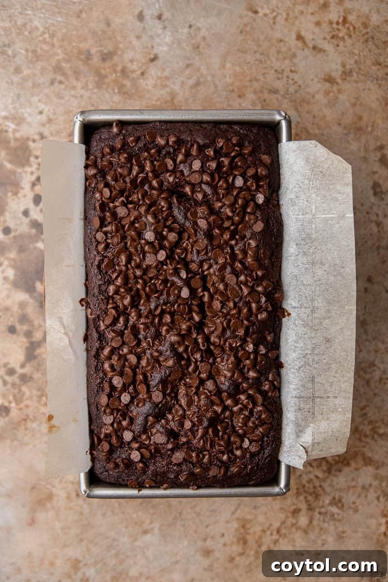 Decadent Double Chocolate Banana Loaf 8 Baked banana bread in a loaf pan