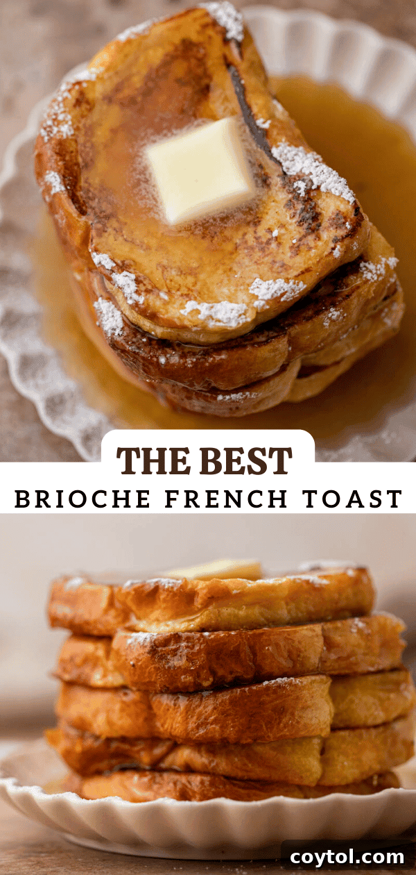 Brioche french toast on a plate with berries and syrup, ready to be pinned.
