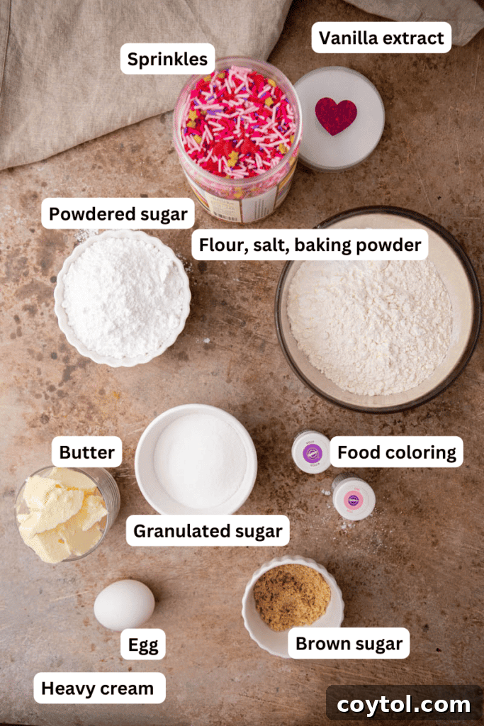 Ingredients for Valentine's Day sugar cookie bars on a counter