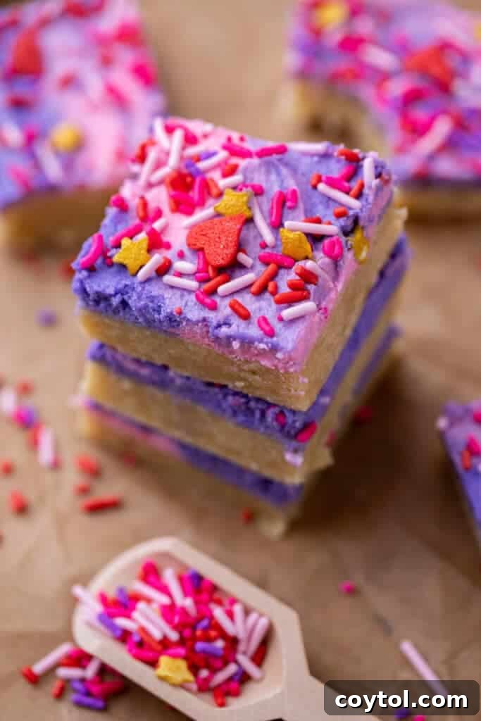 Close up of Valentine's sugar cookie bars on a pink plate