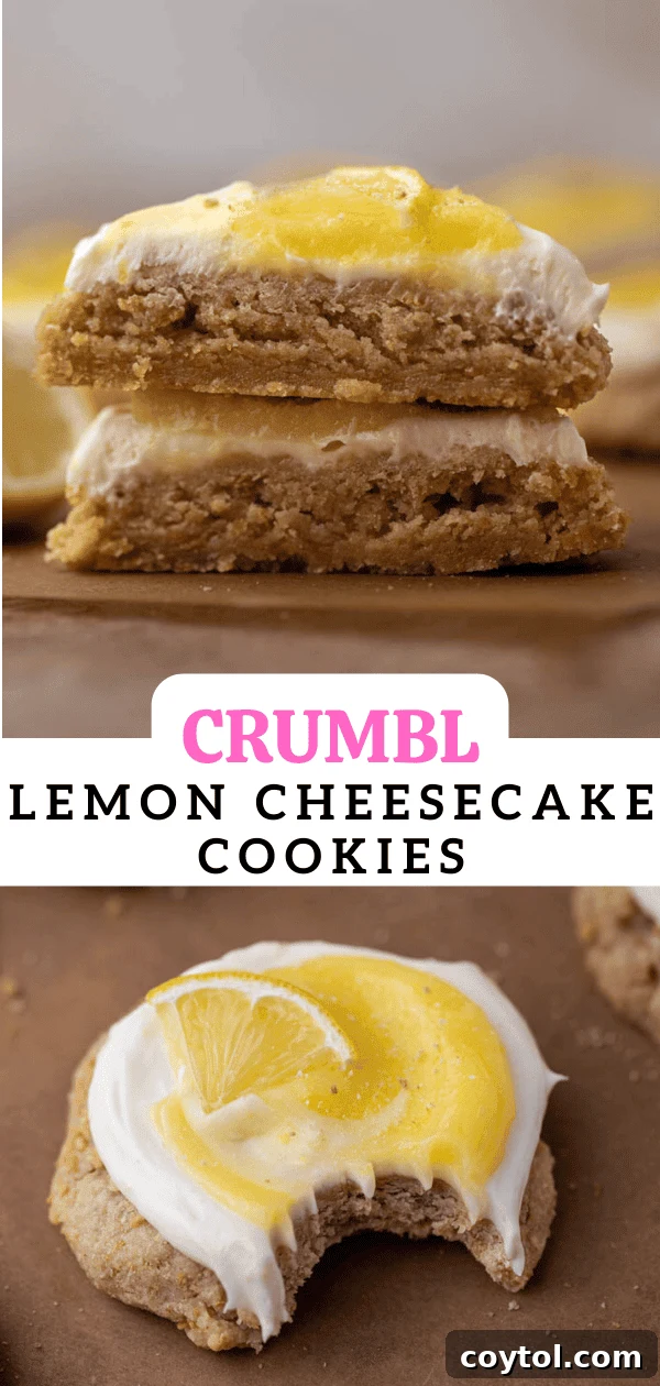 Divine Crumbl Lemon Cheesecake Cookies 16 Pinterest pin featuring Crumbl Lemon Cheesecake Cookies, perfect for dessert inspiration.