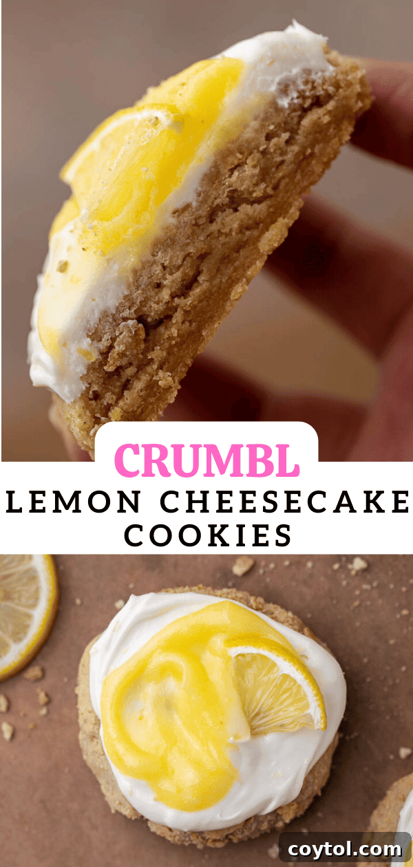 Divine Crumbl Lemon Cheesecake Cookies 17 Crumbl Lemon Cheesecake Cookies pin, highlighting the creamy frosting and graham cracker base.