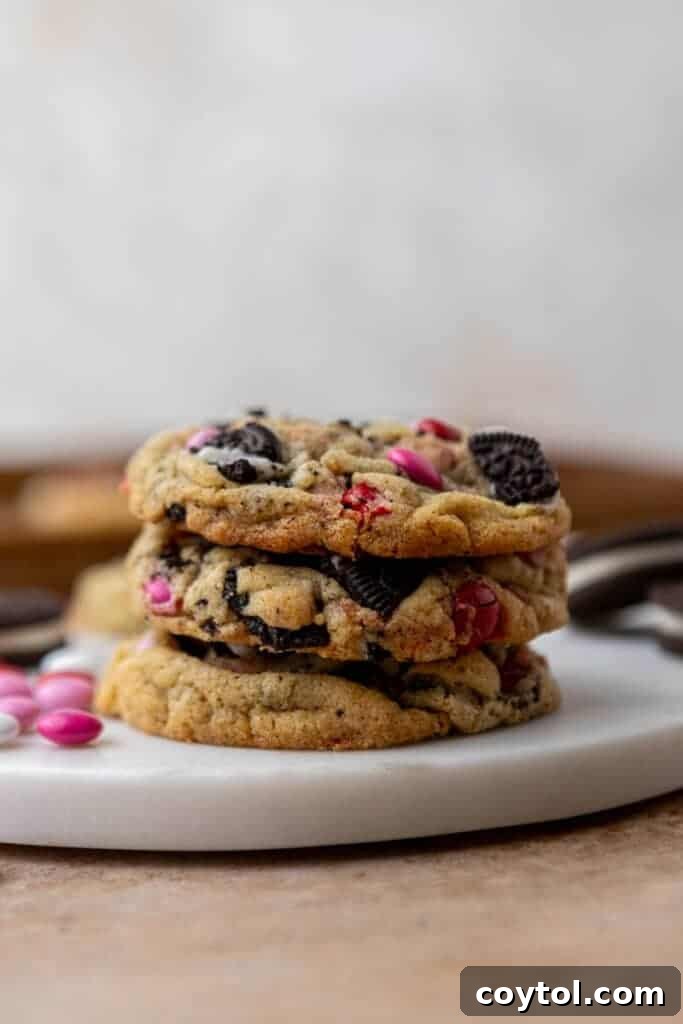 Valentine's day Oreo M&M's cookies stacked