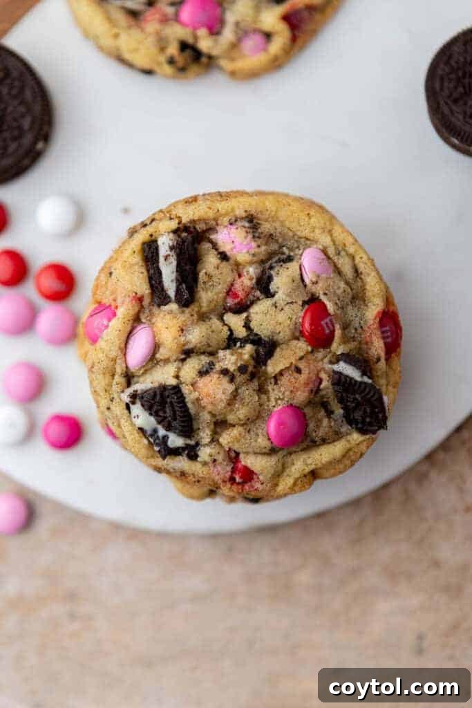 Overhead shot of Valentine's day Oreo M&M's cookies