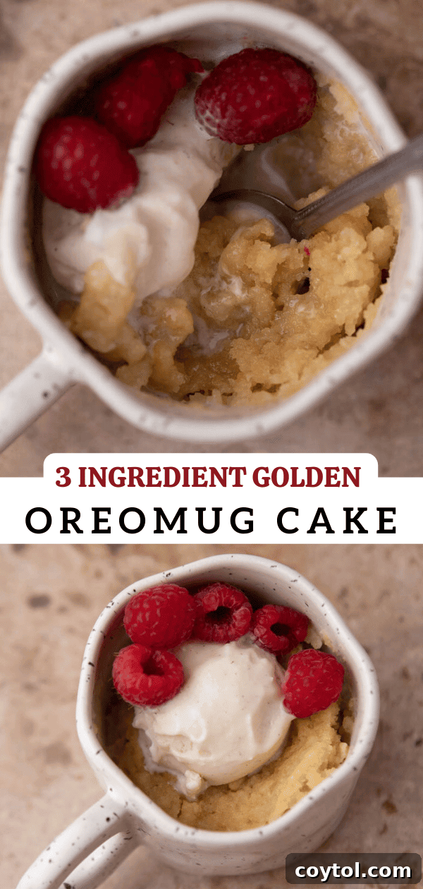 Golden Oreo Gooey Mug Cake in Minutes 11 Pinterest collage for Golden Oreo Mug Cake with ingredients