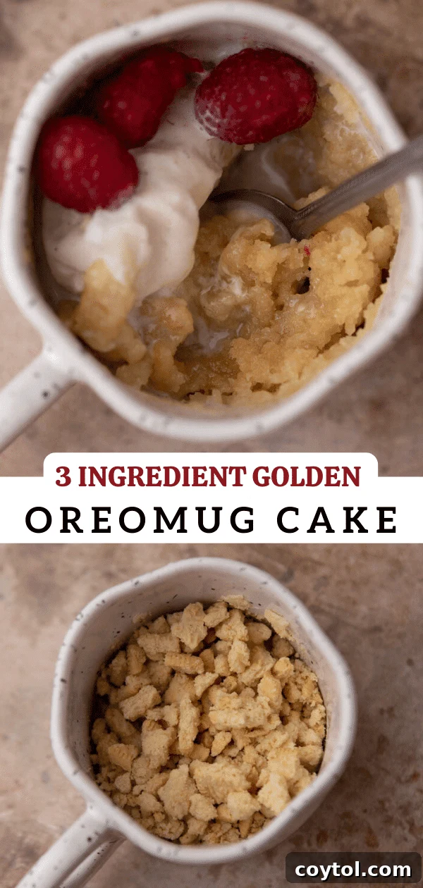 Golden Oreo Gooey Mug Cake in Minutes 12 Pinterest collage for Molten Golden Oreo Mug Cake with finished dessert