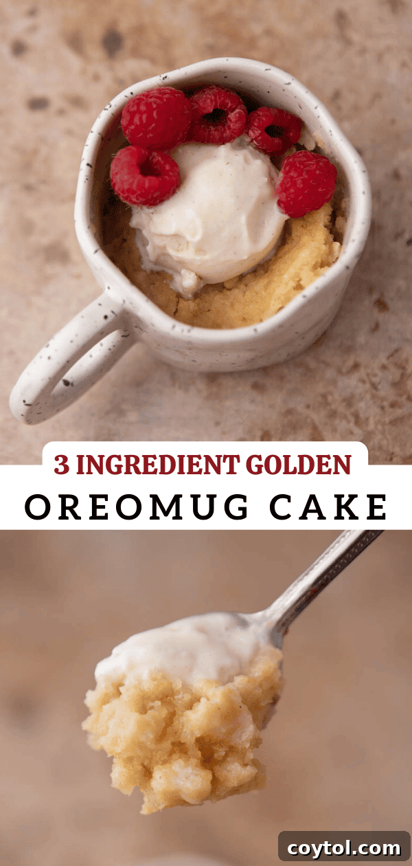 Golden Oreo Gooey Mug Cake in Minutes 13 Pinterest collage for 3-Ingredient Golden Oreo Mug Cake with recipe steps