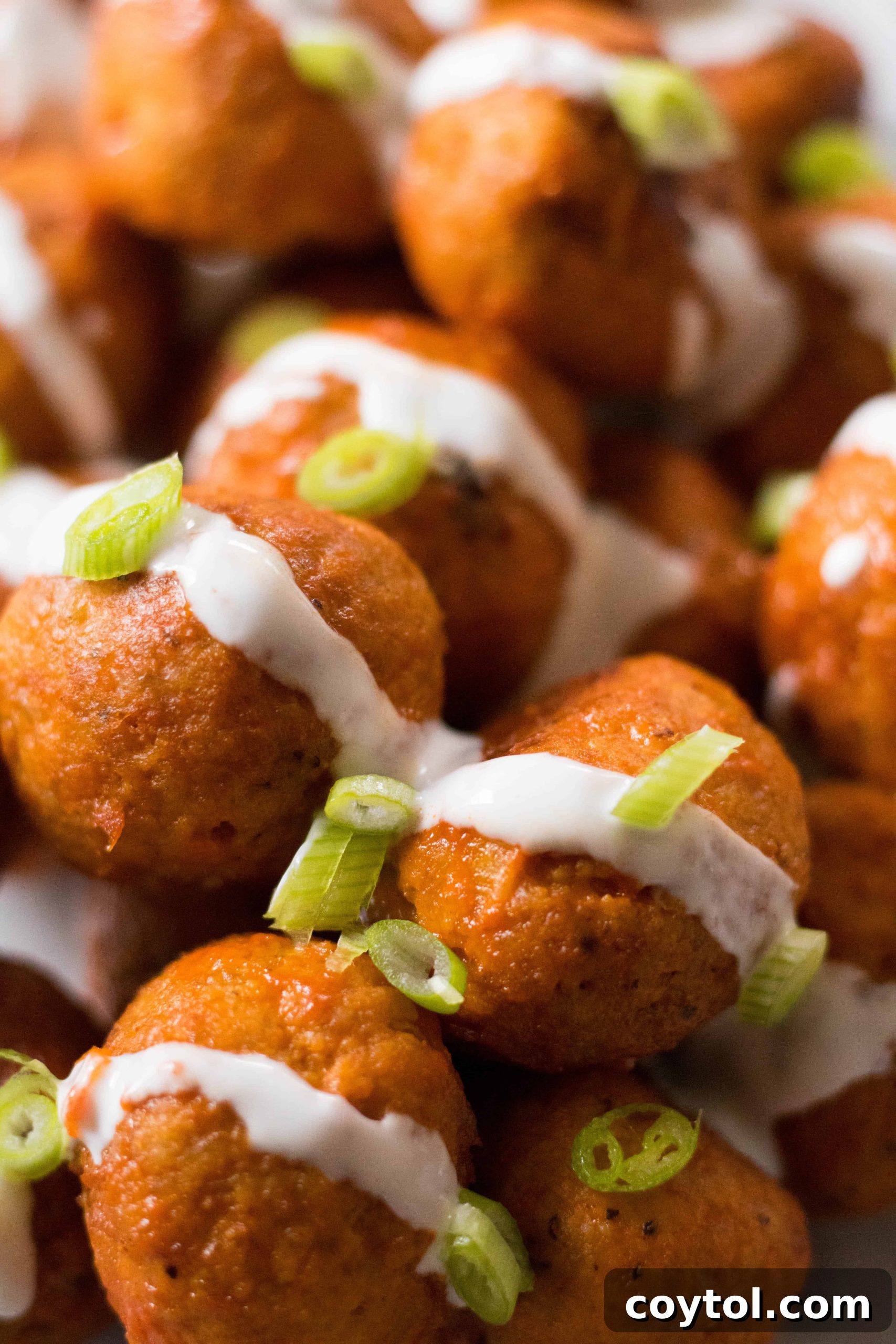 Guilt-Free Baked Buffalo Chicken Meatballs 11 Chicken buffalo meat balls with ranch and onions on top