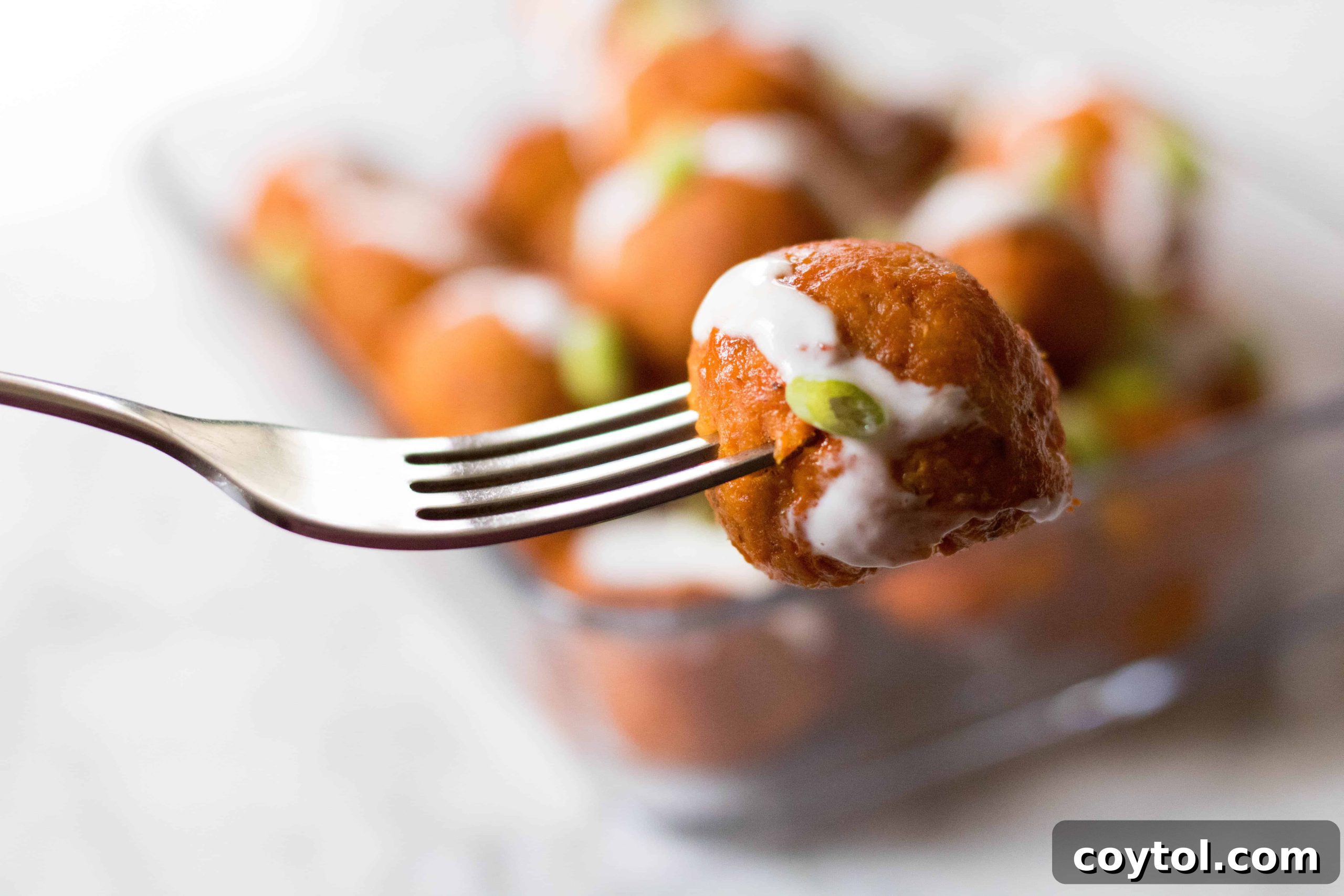 Guilt-Free Baked Buffalo Chicken Meatballs 4 Fok holding a buffalo chicken meatballs