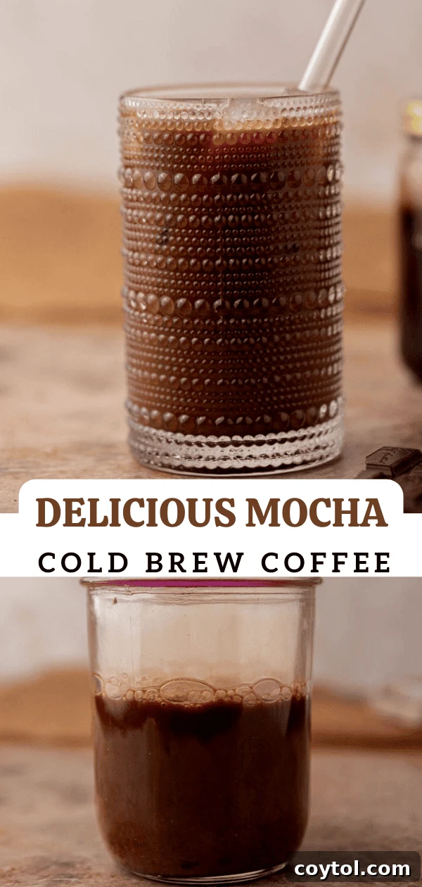 Mocha cold brew drink in a tall glass, styled for Pinterest