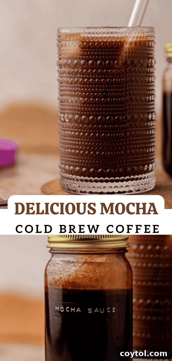Close-up of a cold brew mocha drink with chocolate drizzle