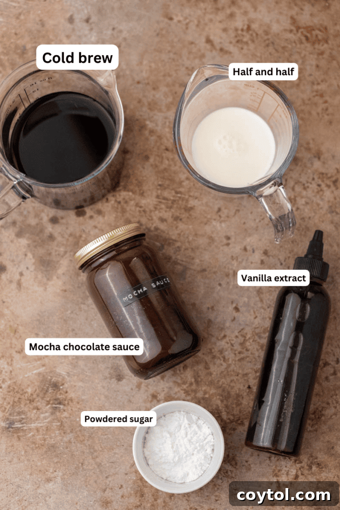 Ingredients for Chick-fil-A Mocha Creme Cold Brew laid out on a kitchen counter, including cold brew, half and half, chocolate syrup, vanilla extract, powdered sugar, and ice.