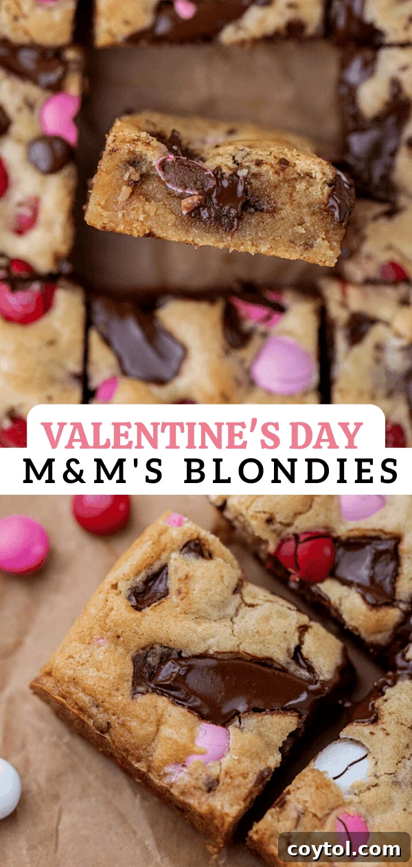 Sweet & Simple Valentine M&M Blondies 13 Valentine's Day M&M's blondies in a festive arrangement, perfect for pinning.
