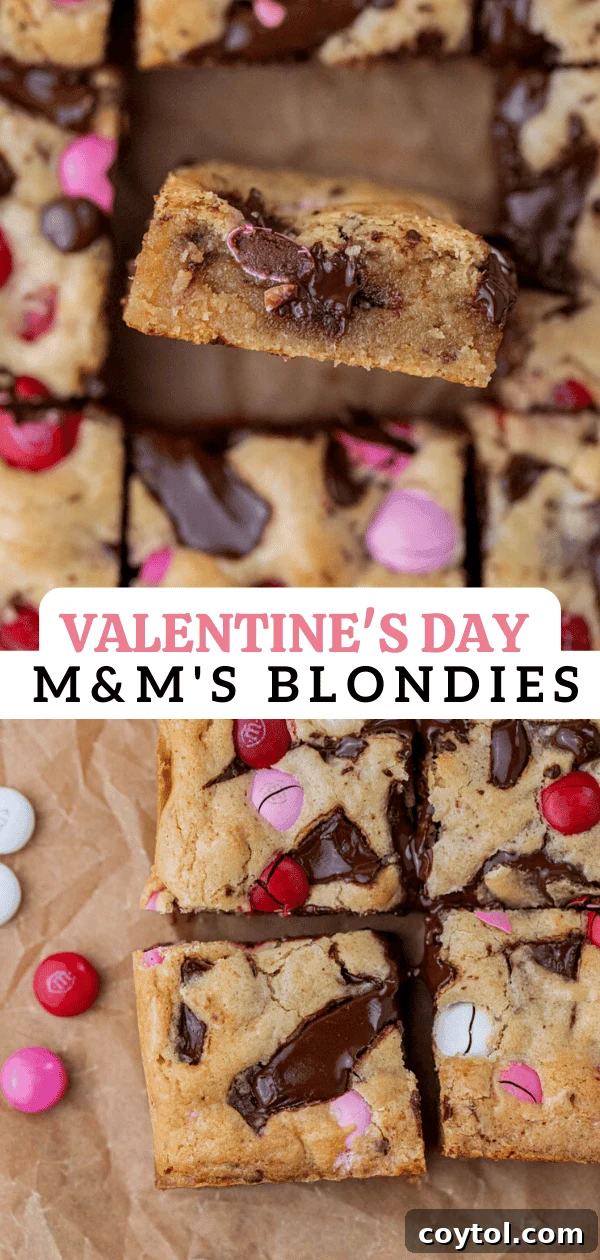 Sweet & Simple Valentine M&M Blondies 14 Another view of Valentine's Day M&M's blondies, showcasing the colorful candies.