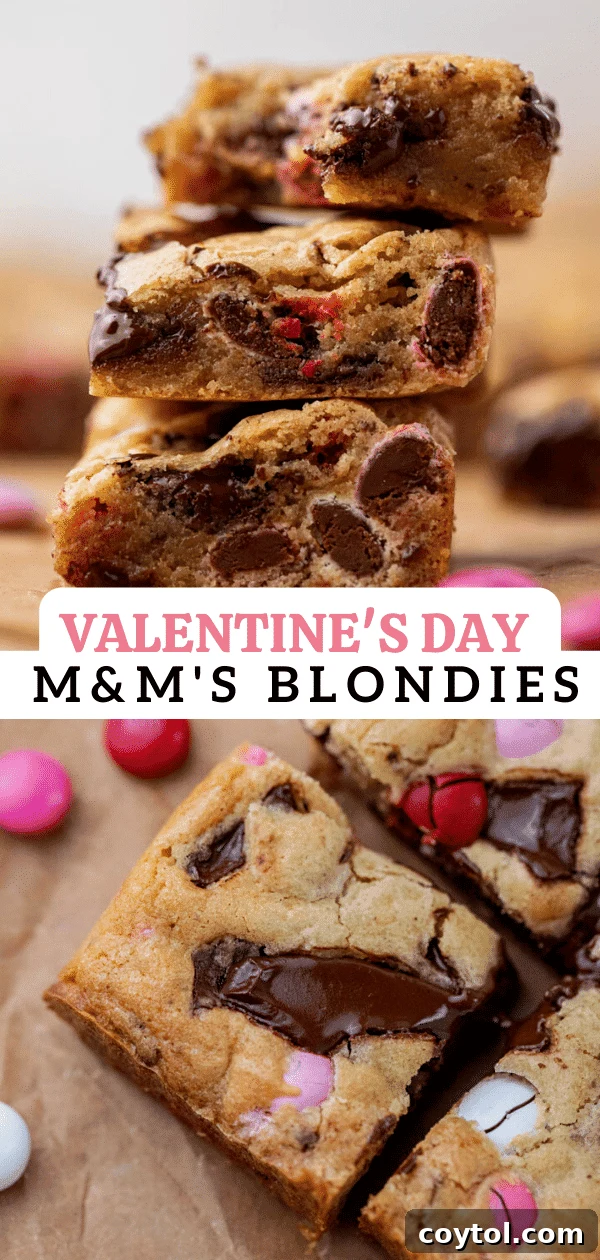 Sweet & Simple Valentine M&M Blondies 15 A close-up of the delicious Valentine's Day M&M's blondies for social sharing.