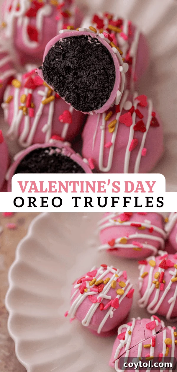 No-Fuss Valentine's Oreo Truffles 14 A close-up of pink Valentine's Day Oreo truffles with sprinkles, showcasing their perfect coating.