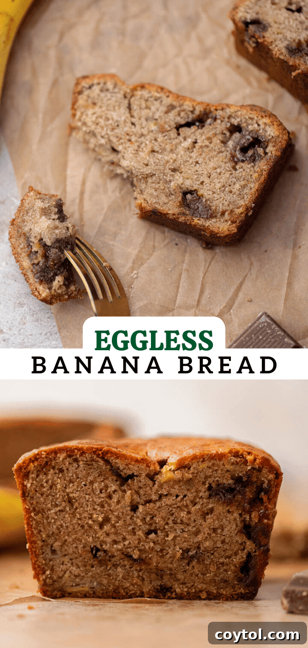 A Pinterest-friendly vertical image of delicious eggless banana bread.
