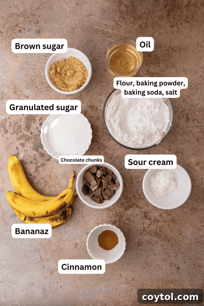 Assortment of ingredients for eggless banana bread neatly arranged on a kitchen counter, ready for baking.