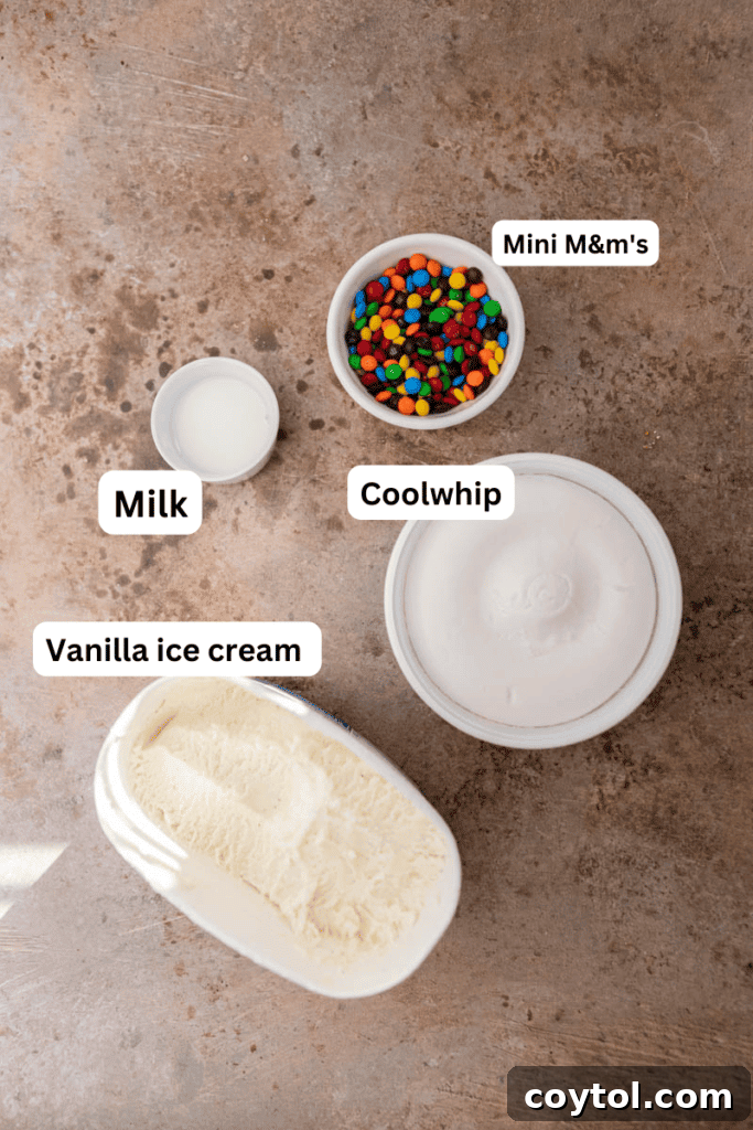 Ingredients for M&M's McFlurry laid out on a kitchen counter.