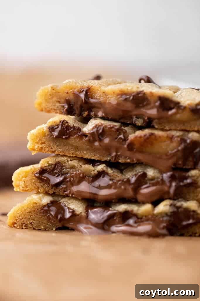 Decadent chocolate stuffed chocolate chip cookies with melted chocolate center