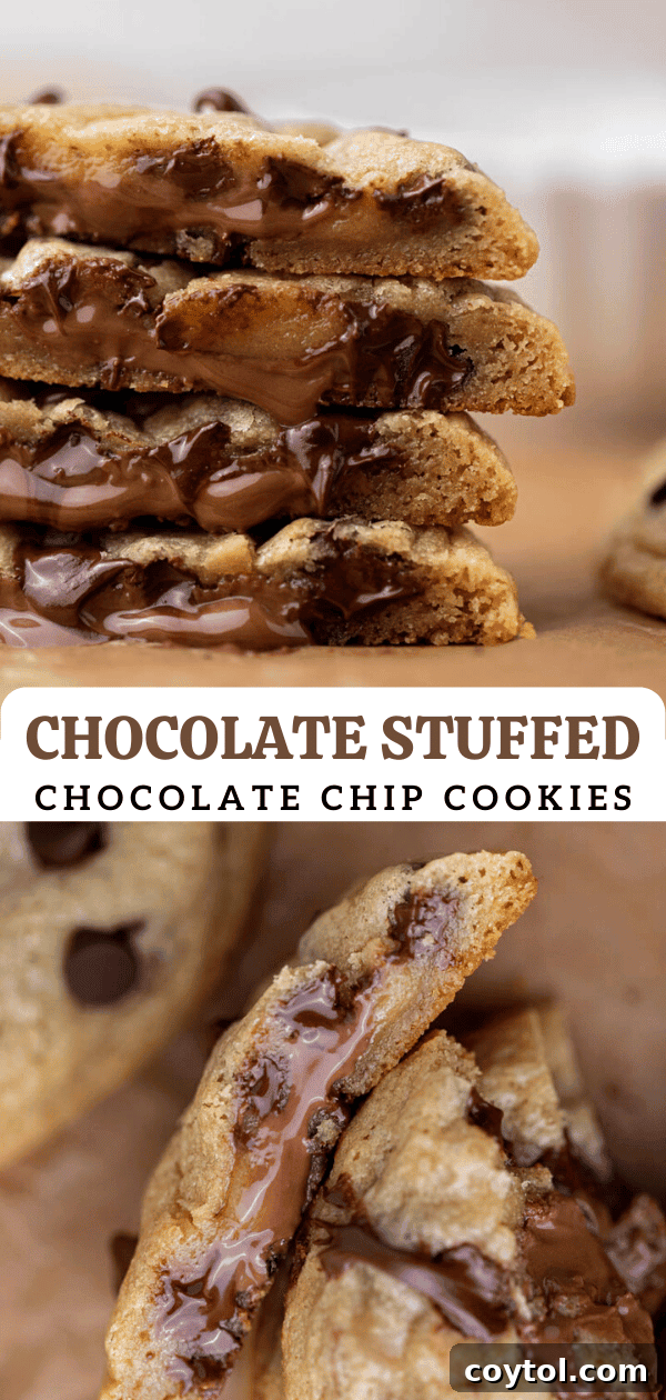 Pinterest collage photo featuring delicious chocolate stuffed cookies