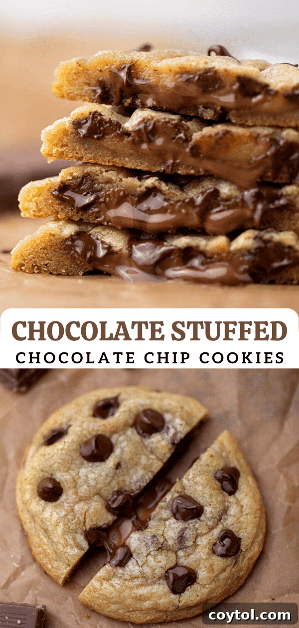 Close-up Pinterest photo of a chocolate stuffed chocolate chip cookie