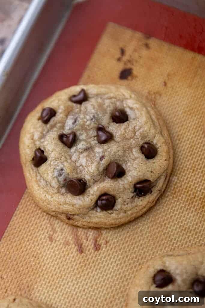 Freshly baked chocolate stuffed chocolate chip cookies cooling on a rack