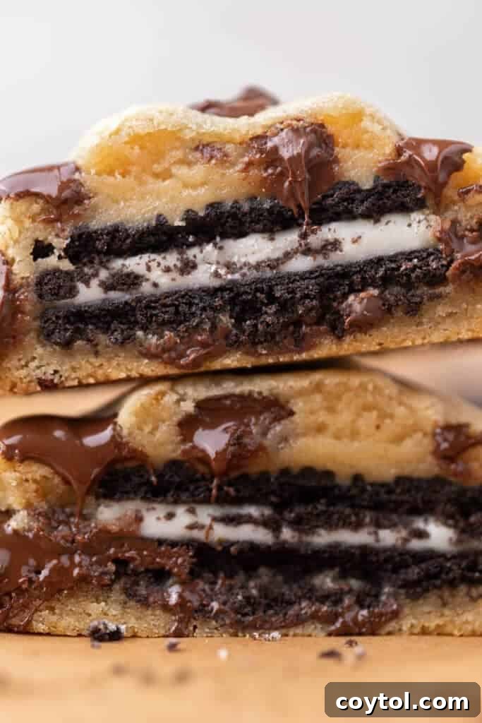 Close up of Oreo stuffed chocolate chip cookies