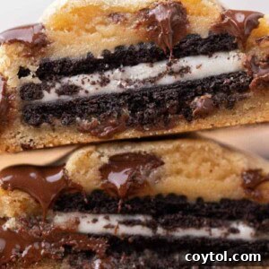 Close up of Oreo stuffed chocolate chip cookies
