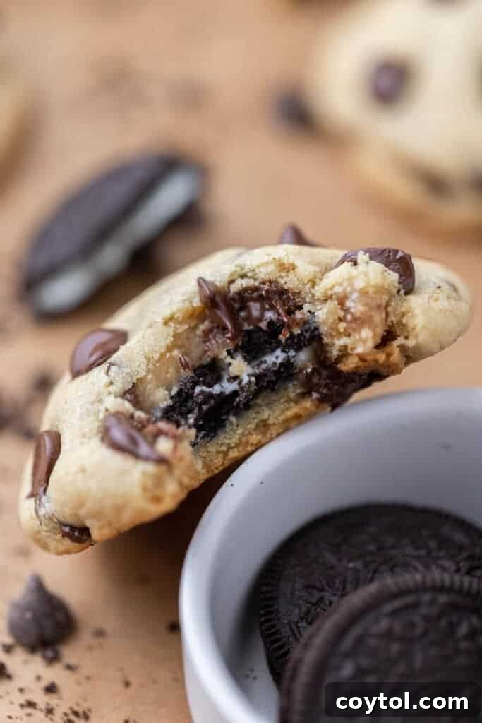 Oreo stuffed cookie with a bite taken out of it