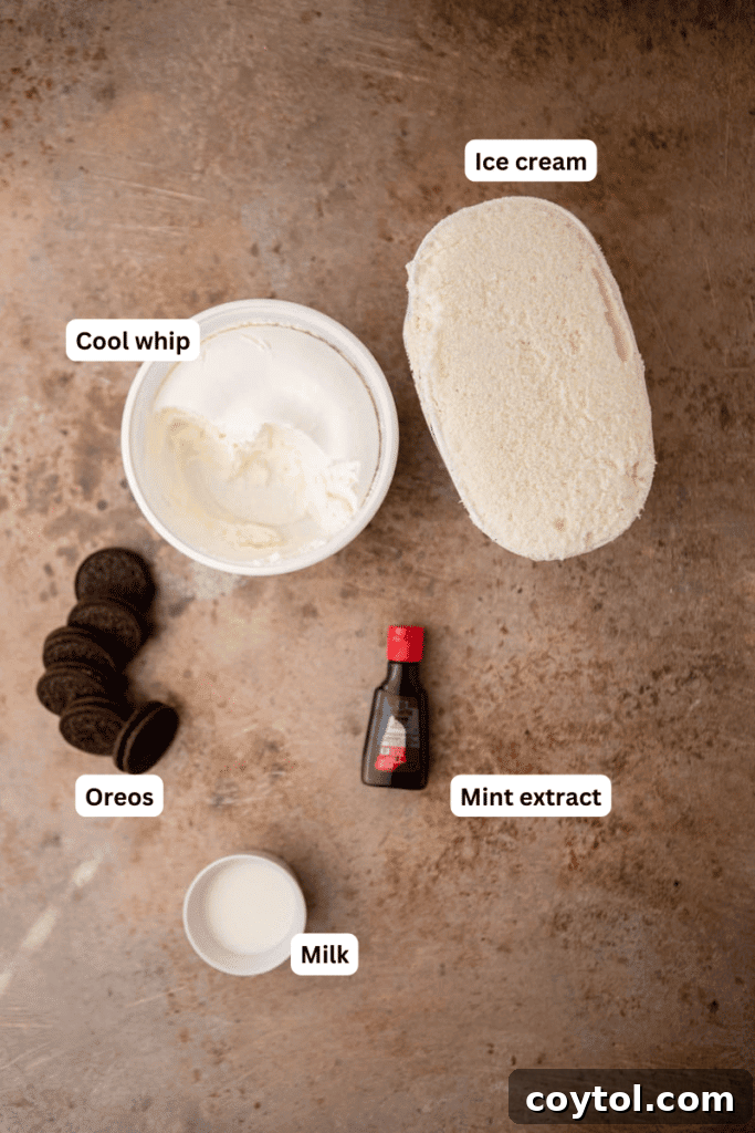 Ingredients laid out for a homemade McDonald's Shamrock Oreo McFlurry.
