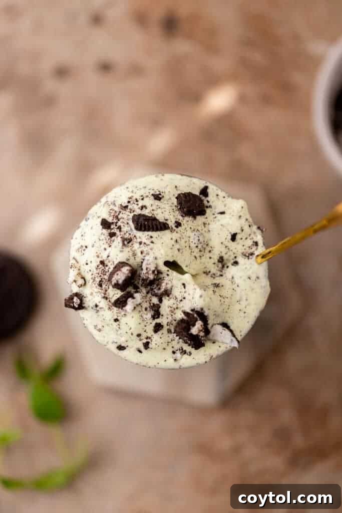 Overhead shot of a Shamrock Oreo McFlurry in a glass with a spoon.