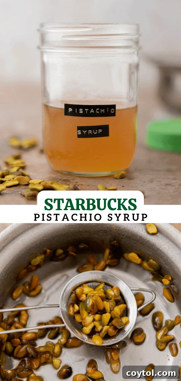 Starbucks Pistachio Coffee Delight 13 Homemade Starbucks pistachio syrup for coffee being stirred