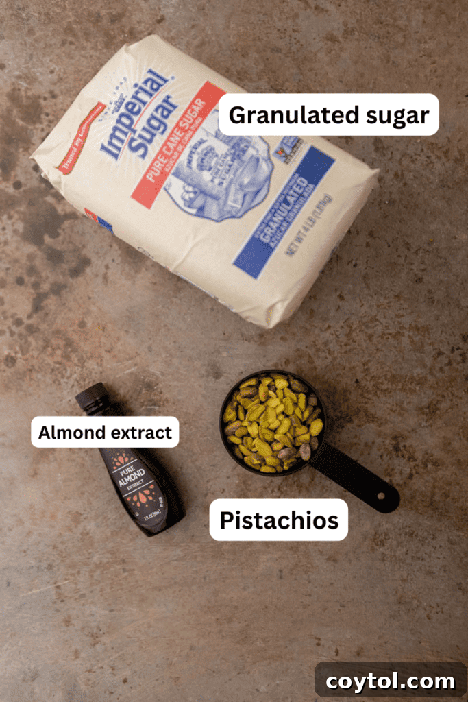 Starbucks Pistachio Coffee Delight 3 Ingredients for pistachio syrup laid out on a kitchen counter