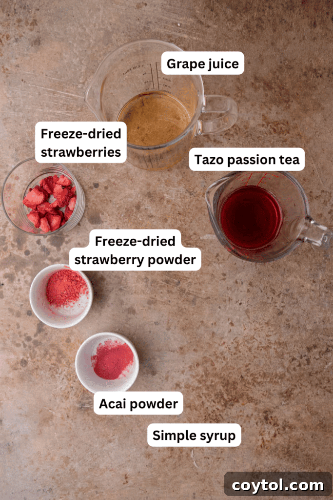 Homemade Starbucks Strawberry Acai Refresher Recipe 3 Ingredients for strawberry acai refresher on a kitchen counter
