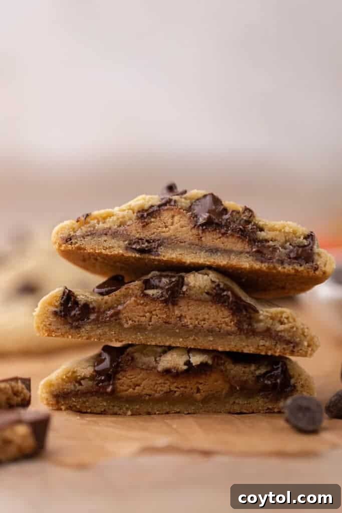 Simple Reese's Peanut Butter Explosion Chocolate Chip Cookies 2 Peanut butter stuffed chocolate chip cookies - a delicious treat for chocolate and peanut butter lovers.