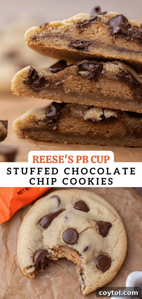 Simple Reese's Peanut Butter Explosion Chocolate Chip Cookies 14 Reese's peanut butter cup chocolate chip cookies - perfect for pinning on Pinterest.