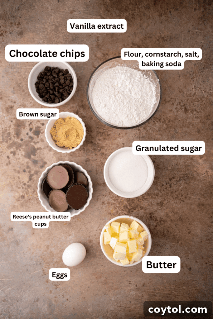 Simple Reese's Peanut Butter Explosion Chocolate Chip Cookies 3 Fresh ingredients laid out on a kitchen counter, ready for baking Reese's stuffed chocolate chip cookies.