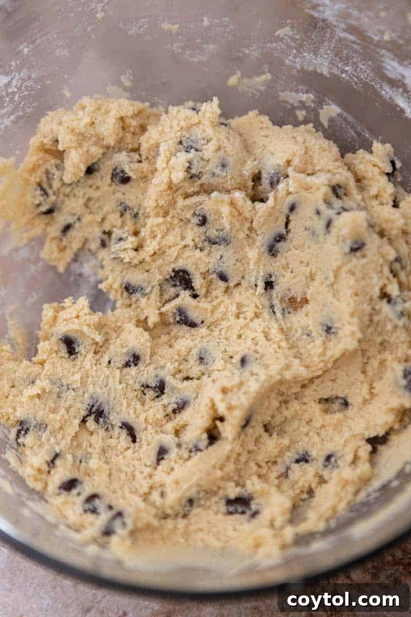 Simple Reese's Peanut Butter Explosion Chocolate Chip Cookies 6 More chocolate chip cookie dough in a bowl, showcasing its rich texture.