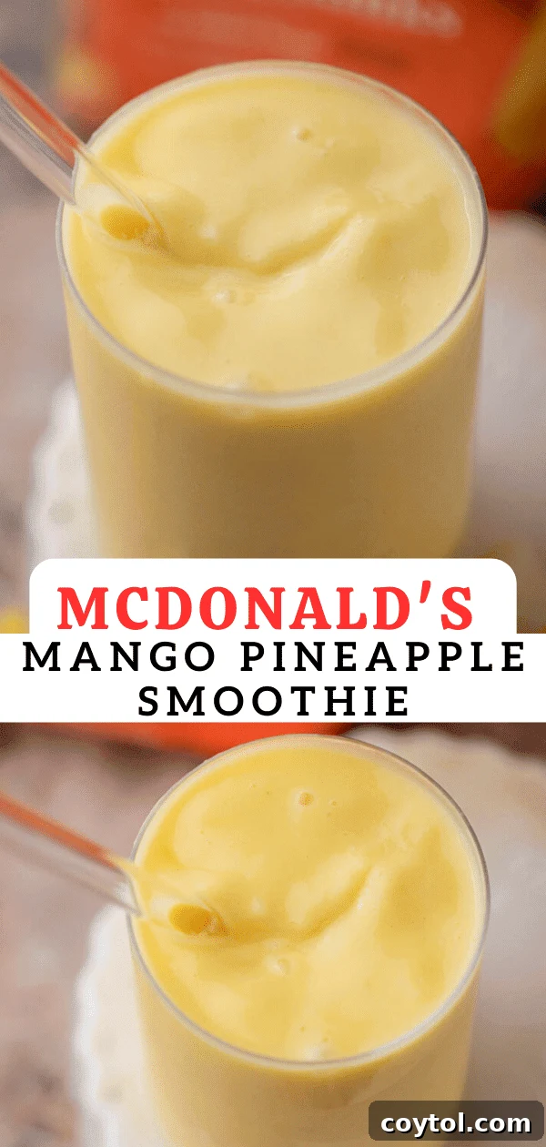 A tall glass of McDonald's mango pineapple smoothie with a straw.