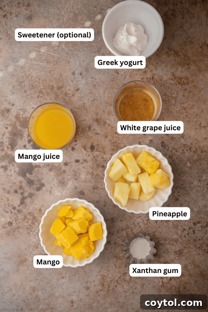 Assorted ingredients for the smoothie laid out on a kitchen counter, including frozen mango and pineapple, yogurt, and juices.