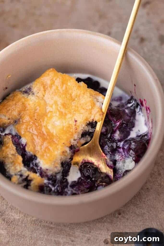 Indulge in Homemade Blueberry Cobbler Perfection 4 Closeup of a bowl of blueberry cobbler topped with a generous dollop of sweet cream, showcasing the warm, juicy berries and tender topping.